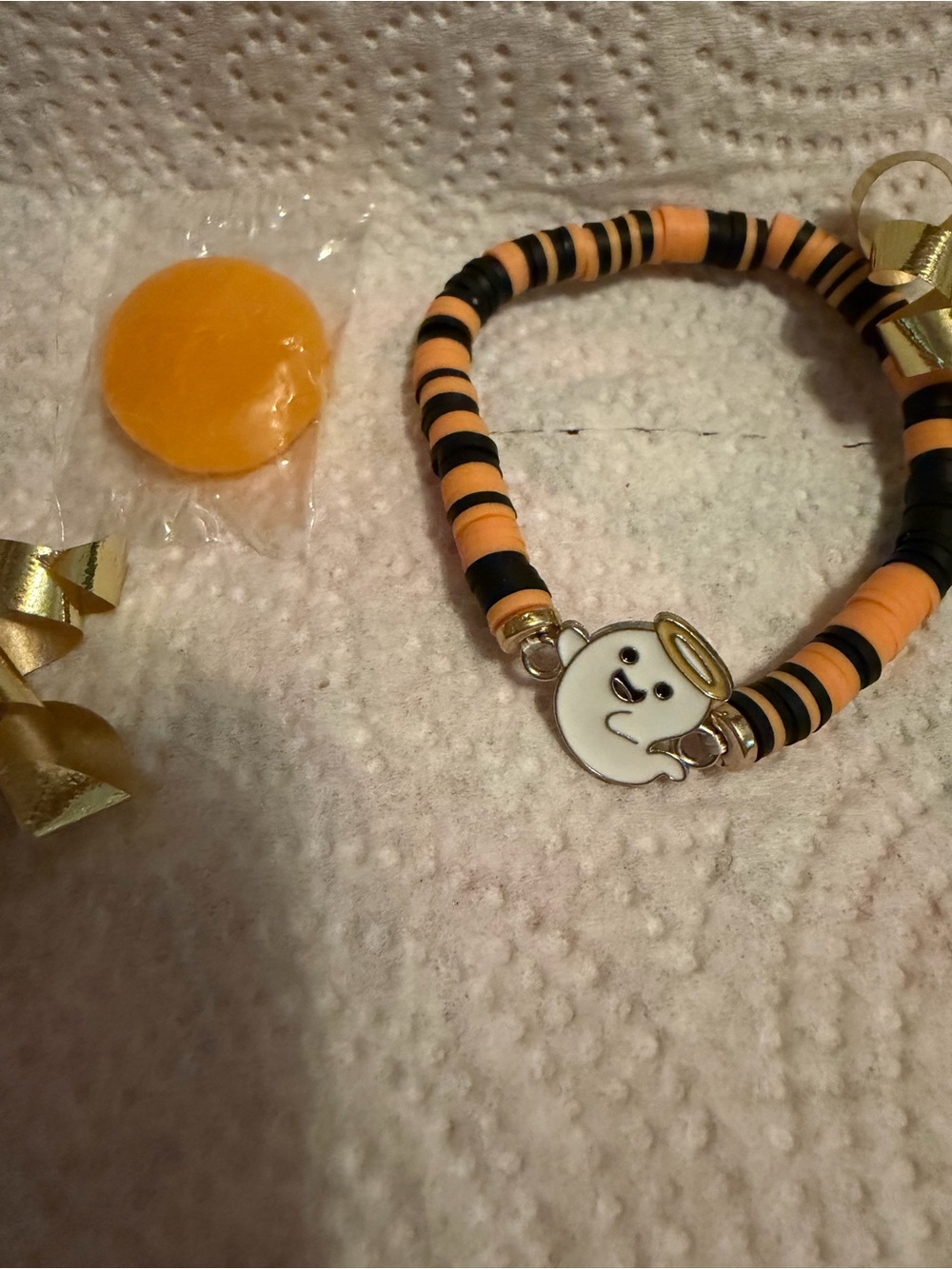 Hand Crafted Orange & Black Beaded Bracelet with Ghost Charm
